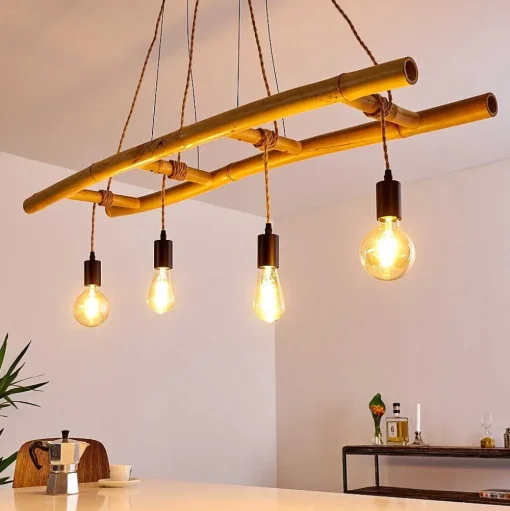 Suspension Canazei Brun, Bois Clair, Noir, 4 Lumieres