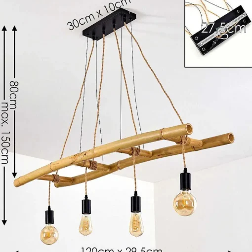 Suspension Canazei Brun, Bois Clair, Noir, 4 Lumieres