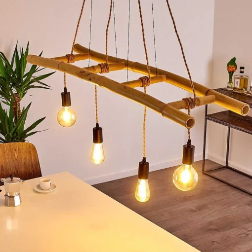 Suspension Canazei Brun, Bois Clair, Noir, 4 Lumieres