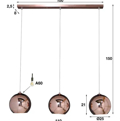 Suspension Cattenscop Cuivre, 3 Lumieres