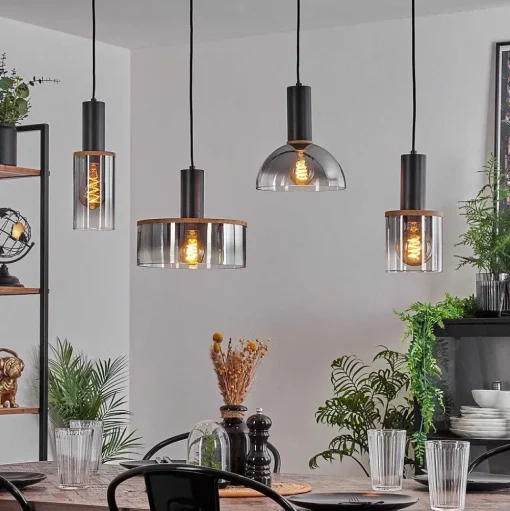 Suspension Classon Couleur Bois, Noir, 4 Lumieres