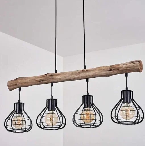 Suspension Gainesville Bois Fonce, Noir, 4 Lumieres