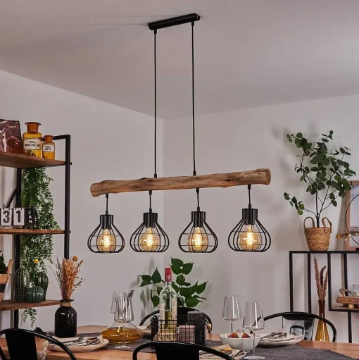 Suspension Gainesville Bois Fonce, Noir, 4 Lumieres