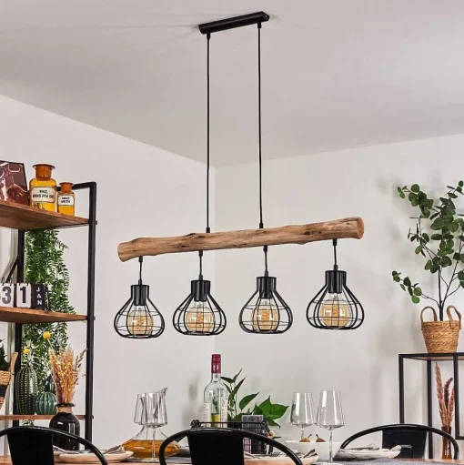 Suspension Gainesville Bois Fonce, Noir, 4 Lumieres