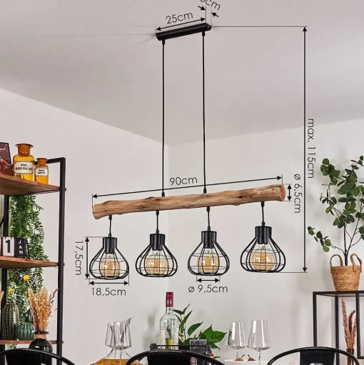 Suspension Gainesville Bois Fonce, Noir, 4 Lumieres