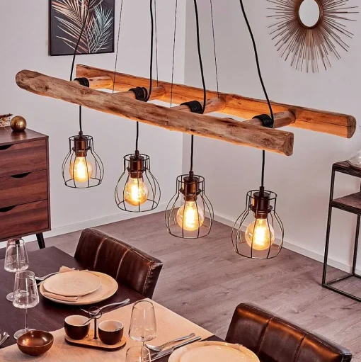 Suspension Gondo Bois Clair, Noir, 4 Lumieres
