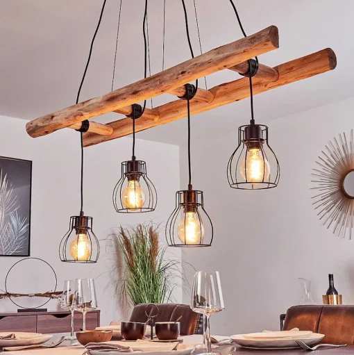 Suspension Gondo Bois Clair, Noir, 4 Lumieres