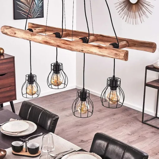 Suspension Gondo Bois Clair, Noir, 4 Lumieres