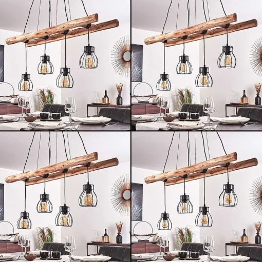 Suspension Gondo Bois Clair, Noir, 4 Lumieres