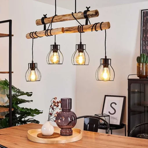Suspension Gondo Bois Fonce, Noir, 4 Lumieres