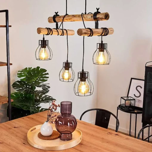 Suspension Gondo Bois Fonce, Noir, 4 Lumieres