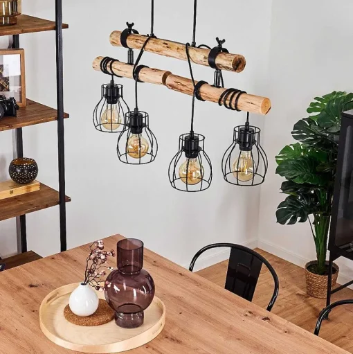 Suspension Gondo Bois Fonce, Noir, 4 Lumieres
