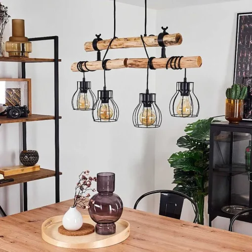 Suspension Gondo Bois Fonce, Noir, 4 Lumieres