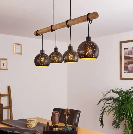 Suspension Imana Bois Clair, Noir, 4 Lumieres