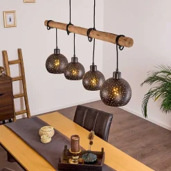 Suspension Imana Bois Clair, Noir, 4 Lumieres