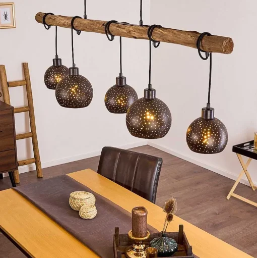 Suspension Imana Bois Clair, Noir, 5 Lumieres