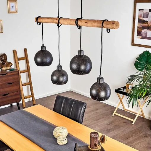 Suspension Imana Bois Clair, Noir, 4 Lumieres