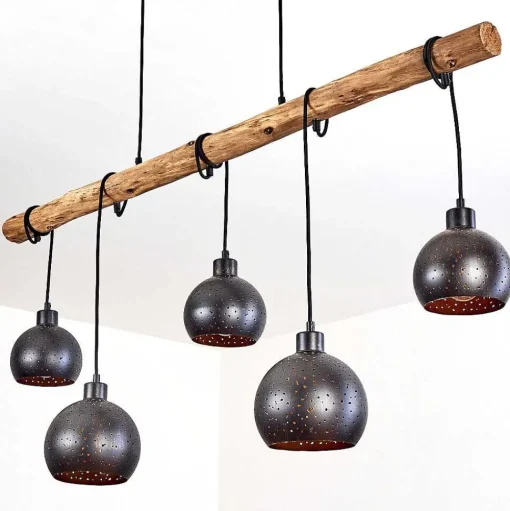 Suspension Imana Bois Clair, Noir, 5 Lumieres
