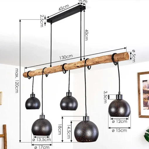 Suspension Imana Bois Clair, Noir, 5 Lumieres