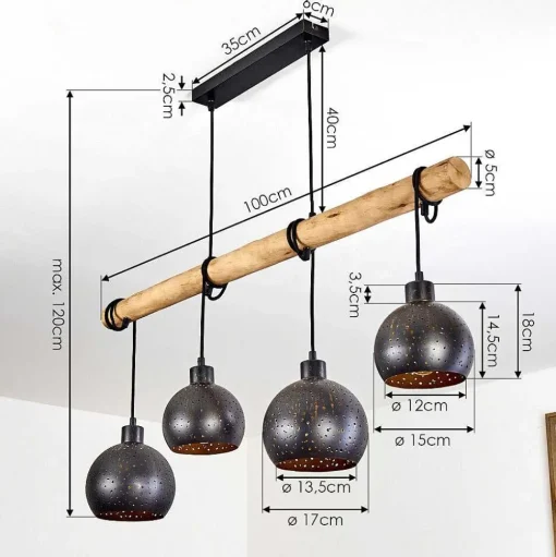 Suspension Imana Bois Clair, Noir, 4 Lumieres
