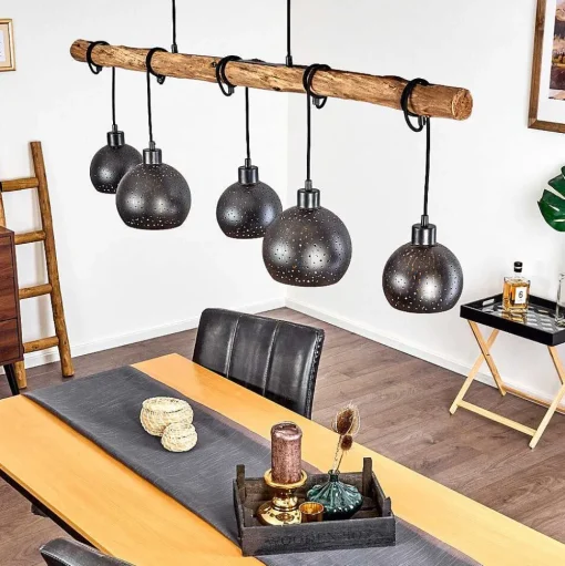 Suspension Imana Bois Clair, Noir, 5 Lumieres