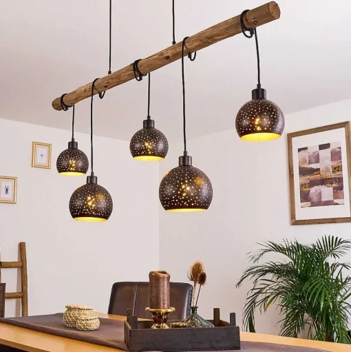 Suspension Imana Bois Clair, Noir, 5 Lumieres