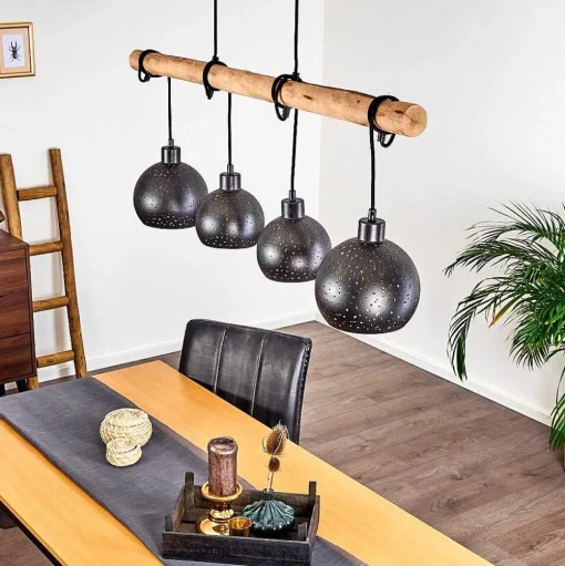 Suspension Imana Bois Clair, Noir, 4 Lumieres