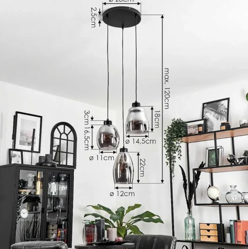Suspension Kenong Fume, Noir, 3 Lumieres