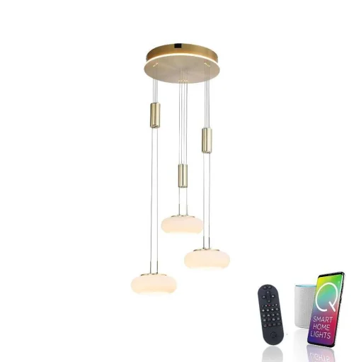 Suspension Paul Neuhaus Q-Etienne Led Laiton, 3 Lumieres, Telecommandes