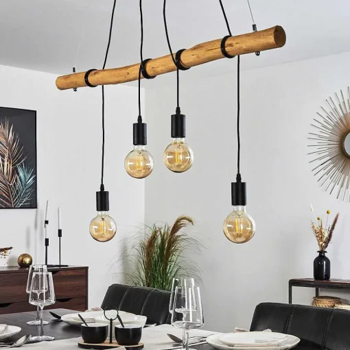 Suspension Seegaard Bois Clair, Noir, 4 Lumieres