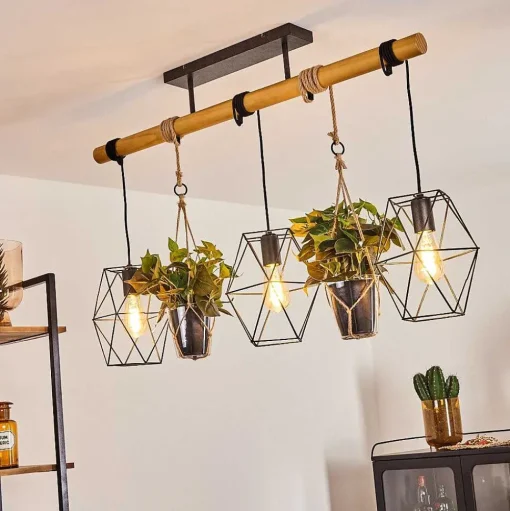 Suspension Taheramo Bois Clair, Noir, 3 Lumieres