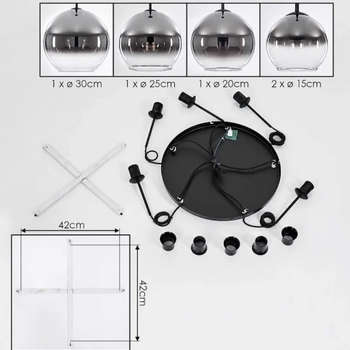 Suspension Verre 15 Cm, 20 Cm, 25 Cm, 30Cm Koyoto Chrome, Clair, Fume, 5 Lumieres