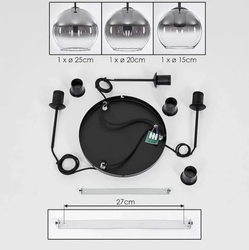 Suspension Verre 15 Cm, 20 Cm, 25 Cm Koyoto Clair, Fume, 3 Lumieres