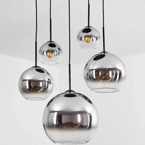 Suspension Verre 15 Cm, 20 Cm, 25 Cm, 30Cm Koyoto Chrome, Clair, Fume, 5 Lumieres