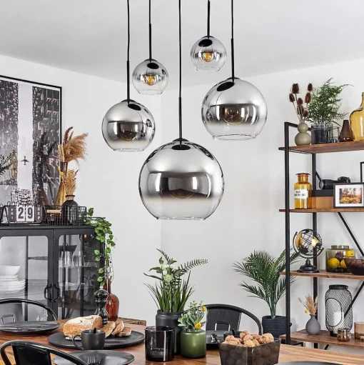 Suspension Verre 15 Cm, 20 Cm, 25 Cm, 30Cm Koyoto Chrome, Clair, Fume, 5 Lumieres