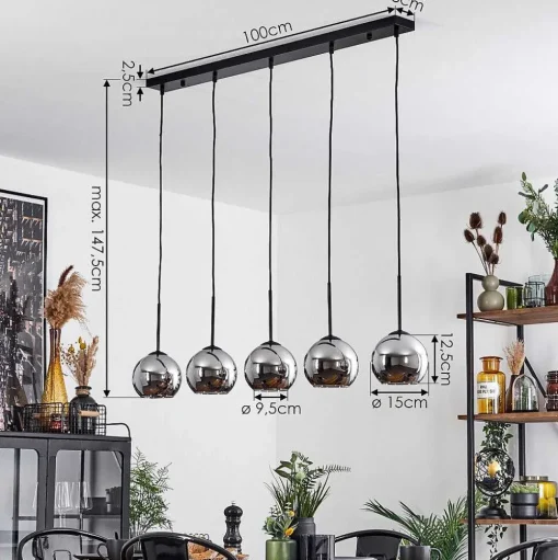 Suspension Verre 15 Cm Koyoto Chrome, Fume, 5 Lumieres