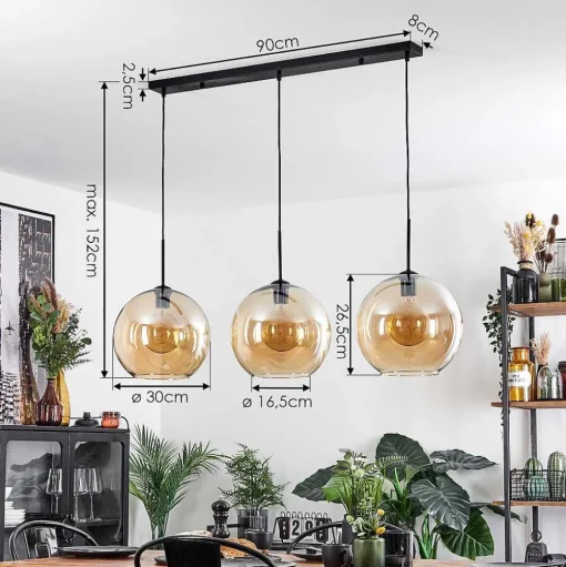 Suspension Verre 30 Cm Koyoto Ambre, 3 Lumieres