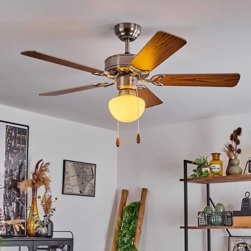 Ventilateur De Plafond Apiao Brun, Couleur Bois, Argente, 1 Lumiere