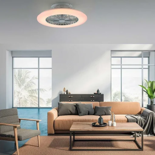 Ventilateur De Plafond Leuchten-Direkt Patrick Led Argente, 1 Lumiere, Telecommandes, Changeur De Couleurs
