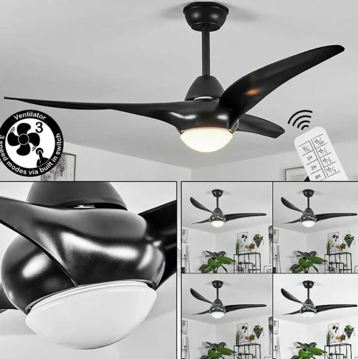 Ventilateur De Plafond Malloa Led Noir, 1 Lumiere, Telecommandes