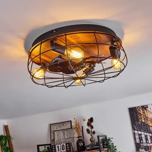 Ventilateur De Plafond Moscavide Brun, Couleur Bois, Noir, 4 Lumieres, Telecommandes