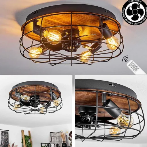 Ventilateur De Plafond Moscavide Brun, Couleur Bois, Noir, 4 Lumieres, Telecommandes