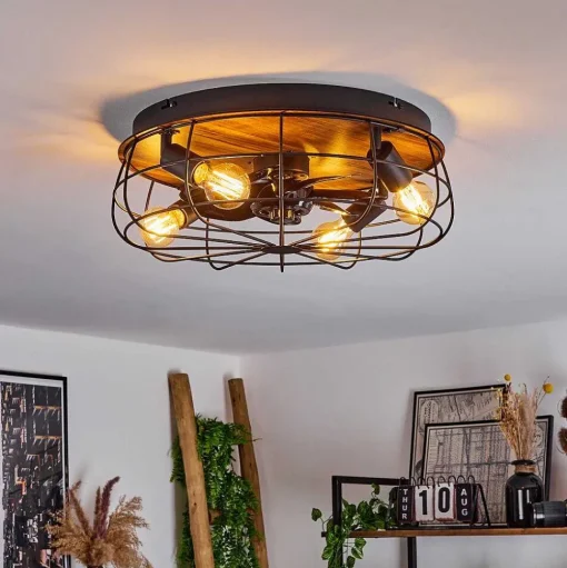 Ventilateur De Plafond Moscavide Brun, Couleur Bois, Noir, 4 Lumieres, Telecommandes