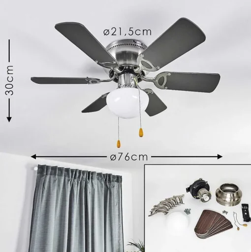 Ventilateur De Plafond Trillo Gris, Bois Clair, Nickel Mat, 1 Lumiere