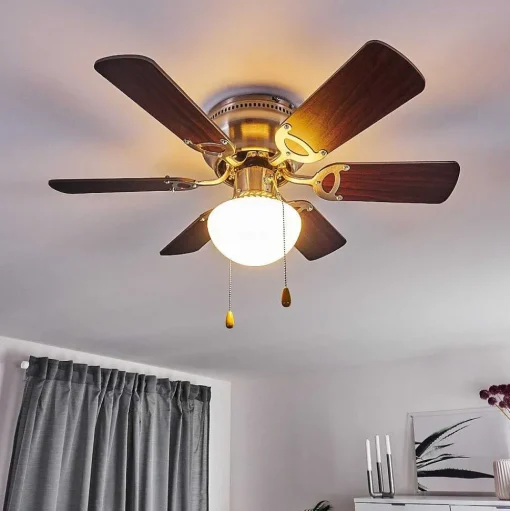 Ventilateur De Plafond Trillo Gris, Bois Clair, Nickel Mat, 1 Lumiere