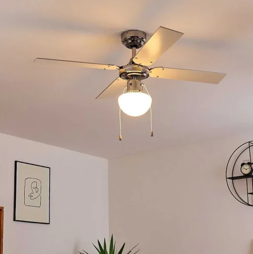 Ventilateur De Plafond Valletta Chrome, Argente, Blanc, 1 Lumiere