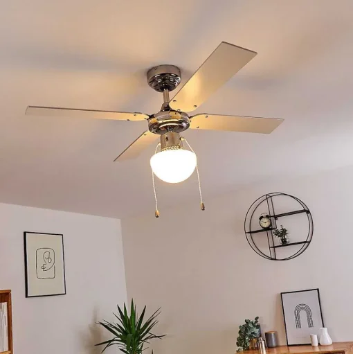 Ventilateur De Plafond Valletta Chrome, Argente, Blanc, 1 Lumiere