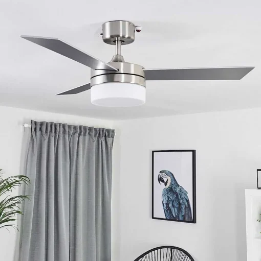 Ventilateur De Plafond Vevey Bois Clair, Nickel Mat, Argente, 2 Lumieres, Telecommandes