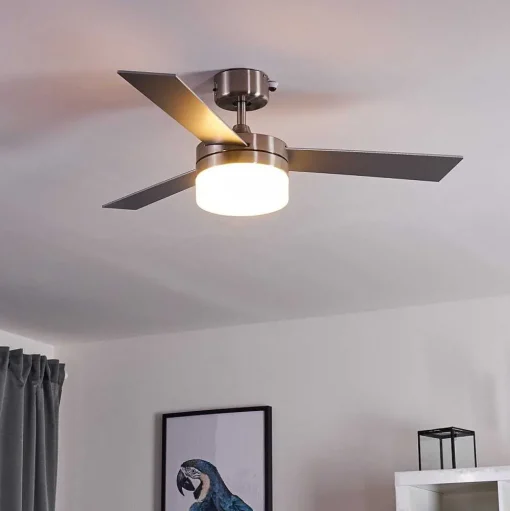 Ventilateur De Plafond Vevey Bois Clair, Nickel Mat, Argente, 2 Lumieres, Telecommandes